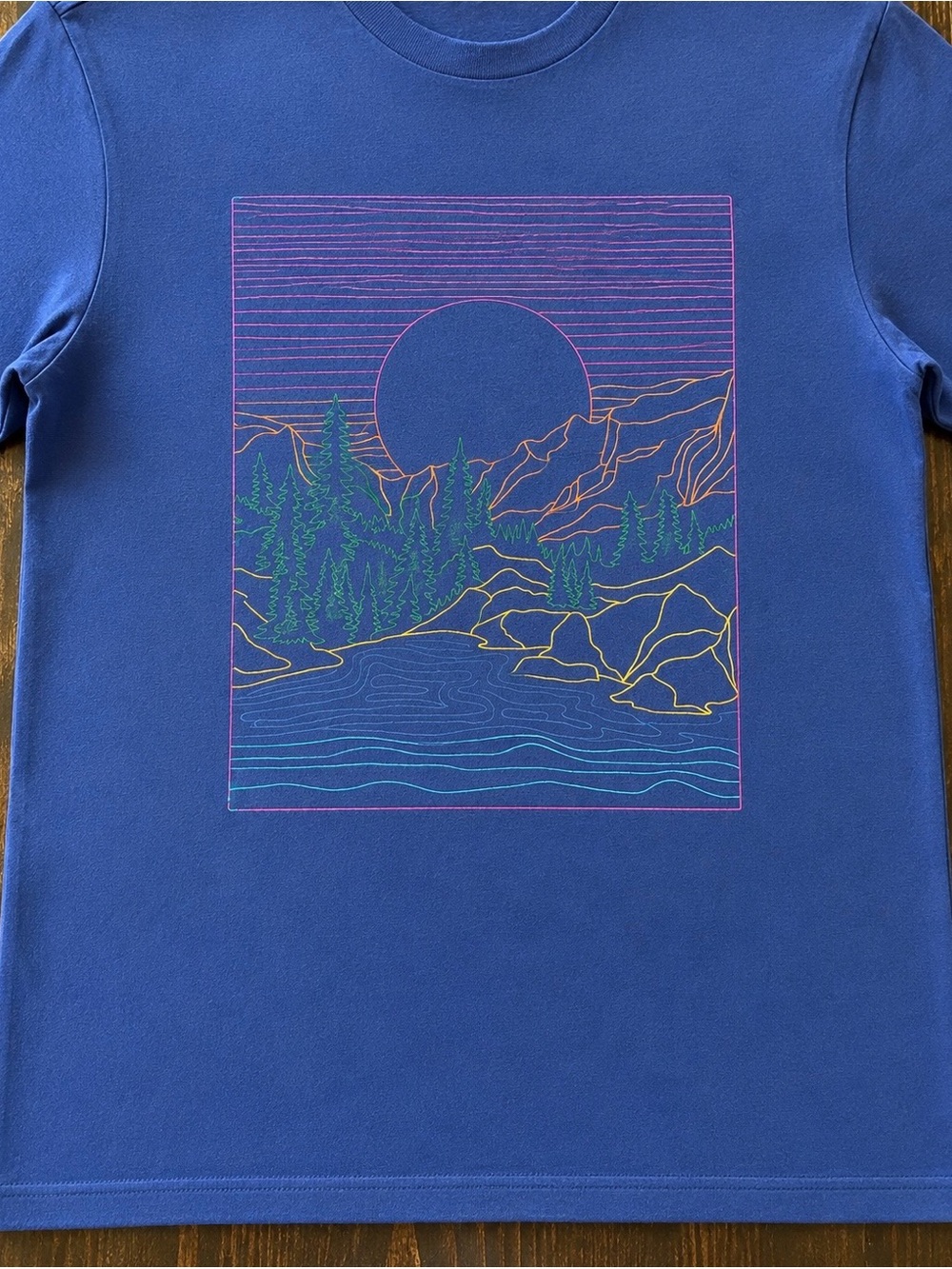 GAP Blue Short Sleeve Tee with Multicolor Mountain Line Art